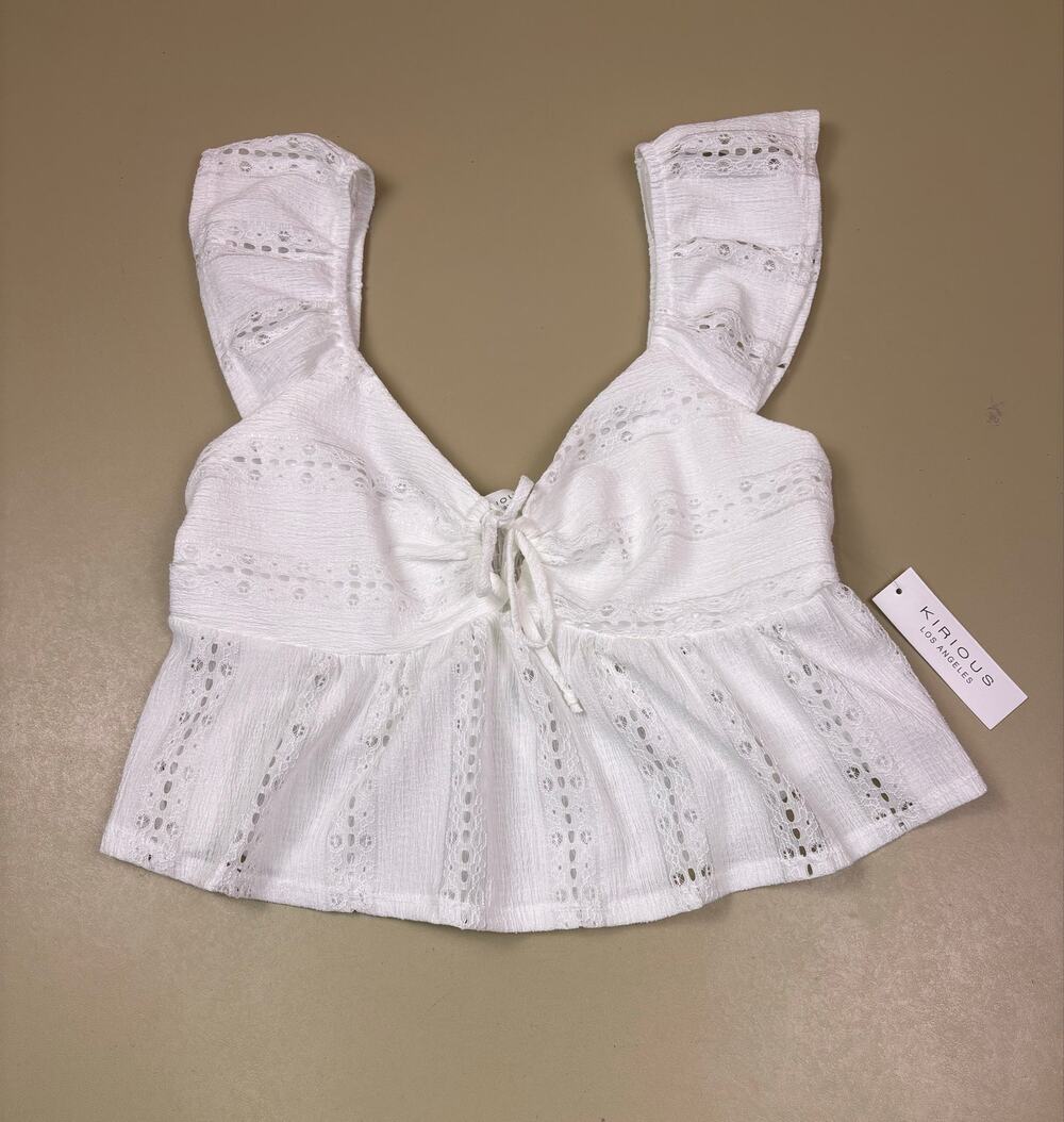 Kirious Los Angeles Women’s White Eyelet Peplum Crop Top Lace Up Size L NWT